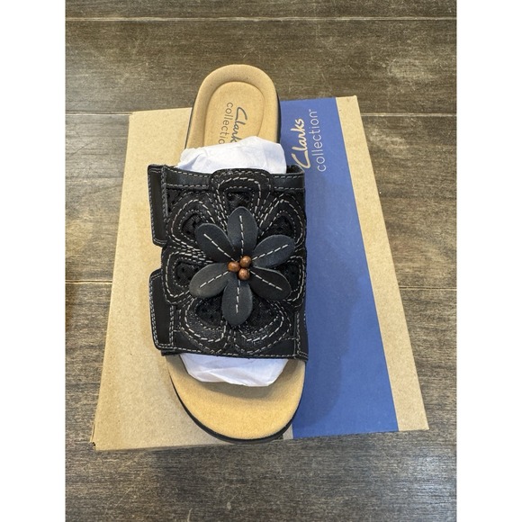 Woman's Sandals Clarks Merliah 2 Belle Black 3D Flower Size 6.5 Wide Boho Hippie - Picture 1 of 9